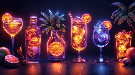 Fototapeta premium Devise a neon set of leisure symbols, including illuminated palm