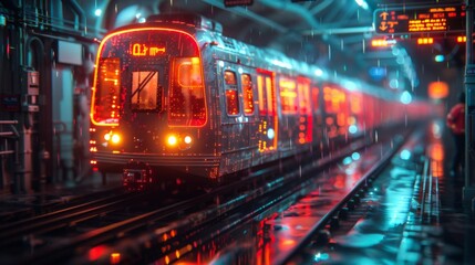 Fototapeta premium Devise a neon set of public transportation symbols, including illuminated