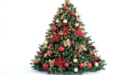 Traditional Christmas decor with a glowing tree adorned with red and gold baubles and lights, on a white background