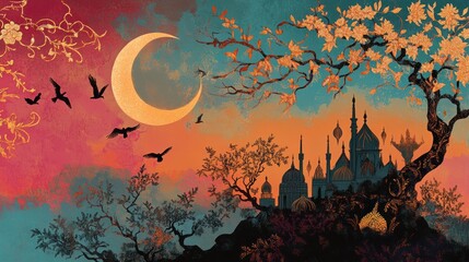 Fototapeta premium Traditional Eid Al Fitr banner featuring a crescent moon, mosque silhouette, birds in flight, and ornate arabesque accents for a vibrant look