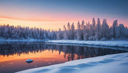 Fototapeta premium abstract harmony winter at sunset near a frozen lake light snow design wallpaper
