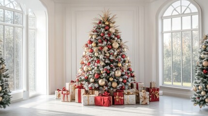 Traditional holiday tree with a red and gold theme, softly lit, with presents around, all set on a white background