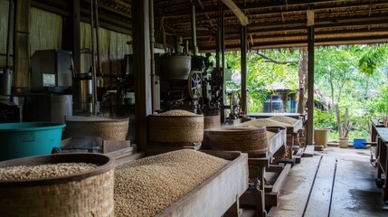 Fototapeta premium Traditional rice processing equipment in an organic mill, with a focus on eco-friendly production techniques