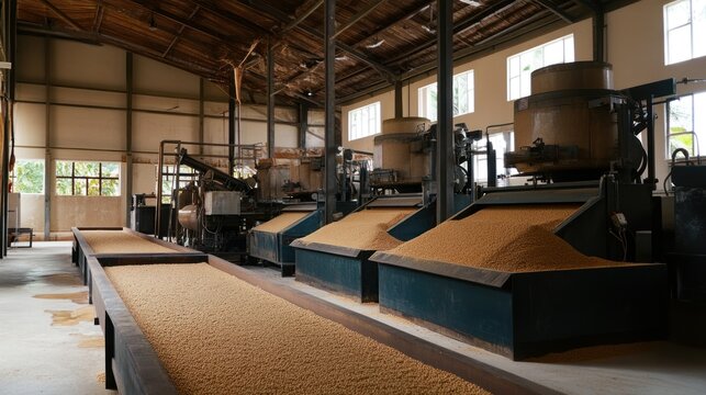 Traditional rice processing facility with a modern touch, featuring machinery for grain sorting and cleaning