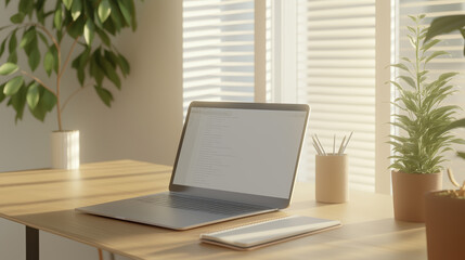 A modern home office setup with an open laptop, potted plants, and soft natural light, creating a warm and productive atmosphere.