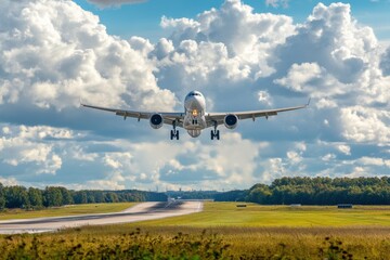 White Passenger plane fly up over take-off runway from airpor