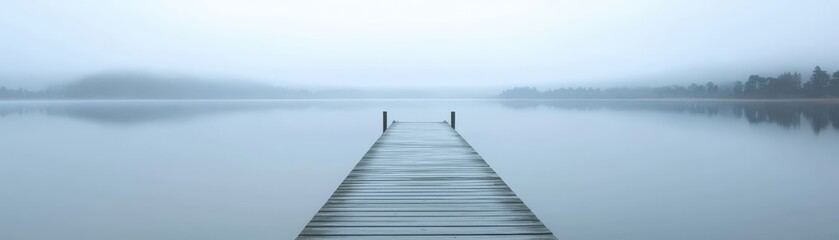 Fototapeta premium A serene, misty lake scene with a wooden pier extending into calm waters, creating a tranquil and peaceful atmosphere.