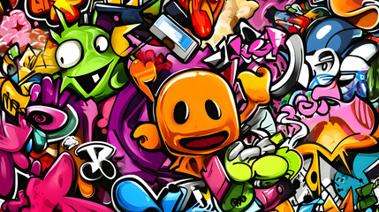 Obraz premium Colorful and vibrant cartoon graffiti pattern with various characters and objects.