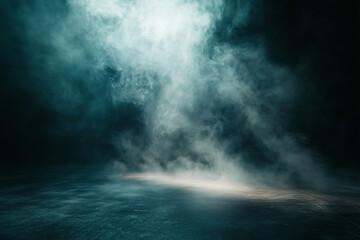 Fototapeta premium dark room with a blue sky and a lot of smoke. Scene is mysterious and eerie