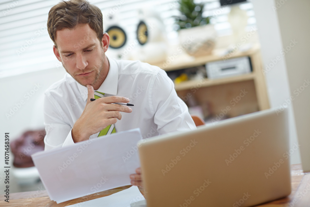 Poster Man, reading and document with thinking in office with report, proposal and decision at media company. Person, writer and choice with research, article and development with paperwork at news agency