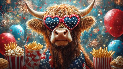 A Highland cow wearing patriotic heart-shaped sunglasses with fireworks in the background.