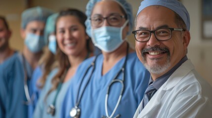 Fototapeta premium Dedicated medical team smiling together in a hospital setting during a busy morning shift
