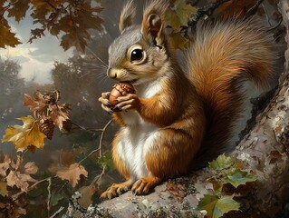 Obraz premium A cute squirrel sitting on a tree branch, eating an acorn with a blurred forest background.