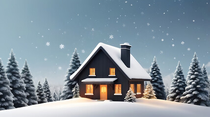 Traditional Christmas festive celebrate greeting background of joyful beautiful house with snow flake and pine tree decorations xmas design.