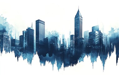 Obraz premium An upward stock market chart with a blue color palette, buildings in the background, and a white sky, reflecting economic growth and financial trends