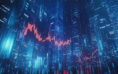 An upward trending stock market graph on a digital screen, set against buildings with a blue and white color scheme, highlighting financial prosperity