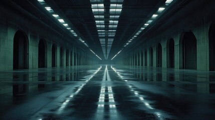 Fototapeta premium Bright, expansive warehouse with reflective concrete floors, showing symmetrical aisles under a grid of industrial lighting.