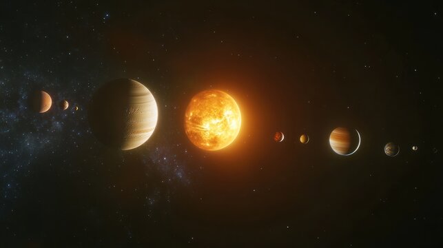 View of the solar system from far out in a different galaxy, capturing planets with a cosmic, galactic backdrop.