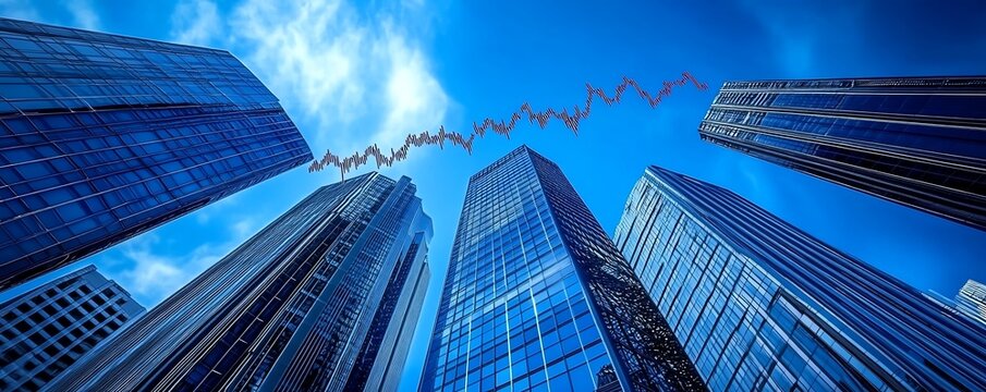 Stock market graph climbing upward against a blue background with skyscrapers in the foreground, representing financial success and urban development