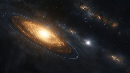 Fototapeta premium View of the solar system in outer space, surrounded by swirling galaxies, cosmic dust, and light rays from distant stars.