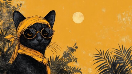 Cool black cat with yellow bandana and sunglasses under the moon.
