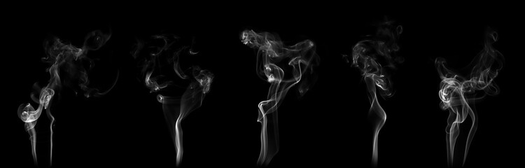 Obraz premium Close-up photo set of incense smoke or abstract white vapor floating on black background. Fog and clouds effect for air pollution design. Smog element.