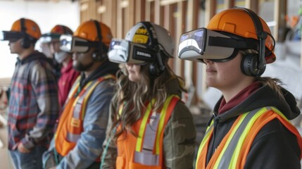 A group of students taking turns wearing virtual reality headsets experiencing a 3D simulation of a construction site and learning about safety precautions.