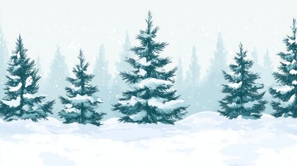 Obraz premium Winter pine tree forest with snow-covered branches, set against a tranquil snowy background, perfect for holiday themes.