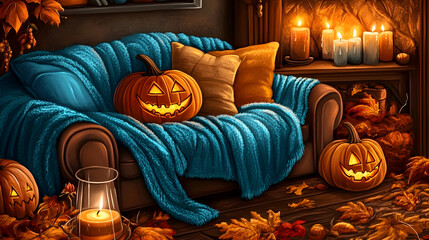 Obraz premium Cozy autumn living room with pumpkins, candles and a fireplace.