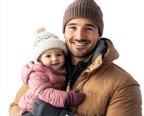 Man in a winter jacket holding a smiling baby girl during a cheerful day outdoors