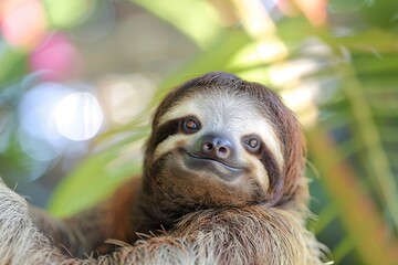 Naklejka premium Smiling sloth hanging amidst green foliage