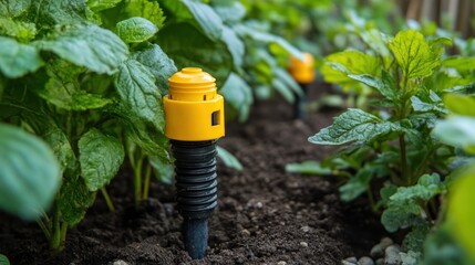 Yellow irrigation tap attached to an elbow fitting in a garden system, ready for underground use.