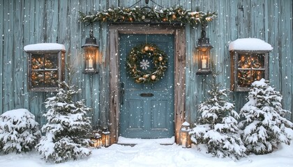 A cozy winter scene featuring a blue door adorned with a wreath, surrounded by snow-covered trees and lanterns, creating a festive atmosphere.