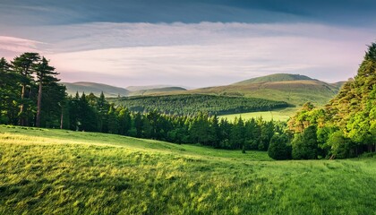 A breathtaking view of a lush green mountain landscape, with rolling hills, a forest, and a meadow bathed in the soft morning light.