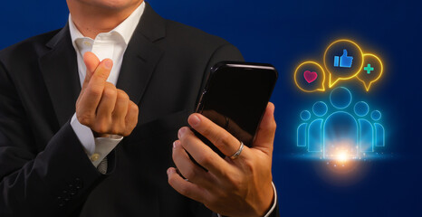 Media Engagement icon, Public Relations concept for construction, Investment, business development and Engineering. Businessman shows neon line of notification icons of like and love on virtual screen