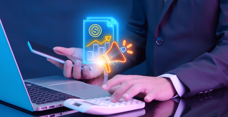 PR Metrics icon, Public Relations concept for construction, Investment, business development and Engineering. Businessman shows Megaphone icon with data documents sign on virtual screen.