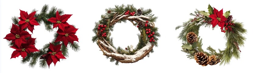 Colorful Christmas wreaths with poinsettias and pinecones on white