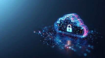 A secure cloud symbol with interconnected padlock icons and digital data flows, representing cloud storage security and privacy.