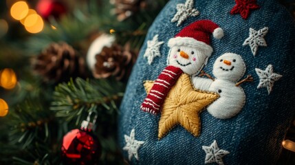 Fototapeta premium Two cheerful snowmen perched among twinkling lights ornaments on lush green Christmas tree branches.