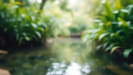 Fototapeta premium Blurred image of serene natural background featuring water and lush plants perfect for abstract designs or backgrounds, foliage, pattern