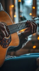 Fototapeta premium Close-up of a male musician playing an acoustic guitar indoors with warm ambient lighting.