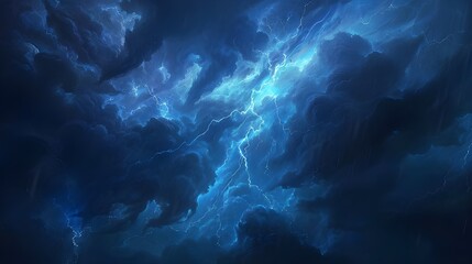 Fototapeta premium In the middle of a stormy night sky, a dazzling lightning strike lights up the shadows, its electric blue color creating a spooky radiance on the stormy clouds.
