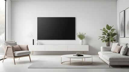 Fototapeta premium Modern living room with a minimalist design featuring a large flat-screen TV and elegant furniture in neutral tones. Generative AI