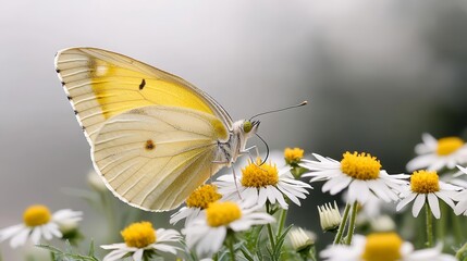Butterfly on chamomile and wildflowers, misty morning hues, airy composition, soft cool colors, macro photography style