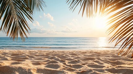 Framed beach view with sunlight through palm fronds, golden sand, calm sea, radiant sky, perfect for travel and holiday concepts
