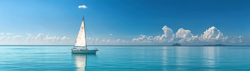 Obraz premium Sailing boat floating on calm turquoise sea, clear skies with scattered clouds, untouched tropical island, panoramic ocean view