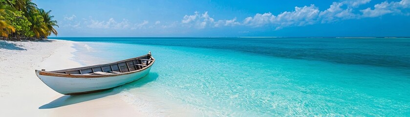 Obraz premium Tranquil beach with boat in turquoise waters, gentle waves, sunlit sky, pristine tropical landscape, perfect summer holiday scene