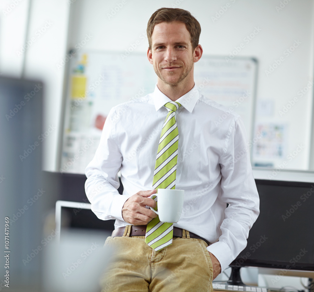 Poster confidence, office and portrait of man with coffee, smile and web business manager at digital agency