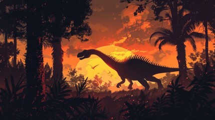 A silhouette of a dinosaur against a vibrant sunset in a lush prehistoric landscape.