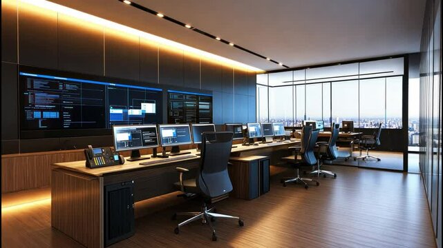 Telecommunications company office with project manager and system control.